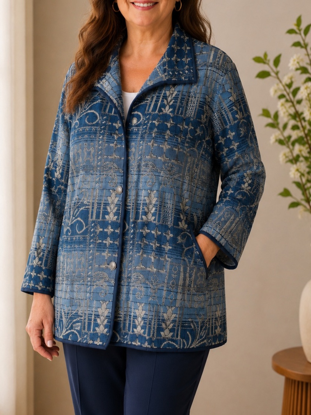 Blair Tapestry Jacket Coat 3XL Blue Metallic Artsy Button Front Oversized Boho - Picture 1 of 8